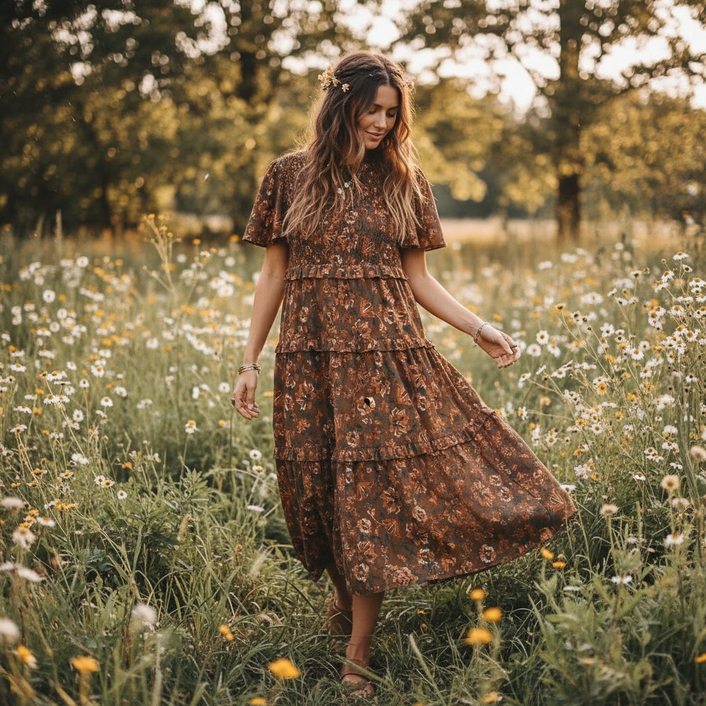 Ruffled Floral Boho Midi Dress