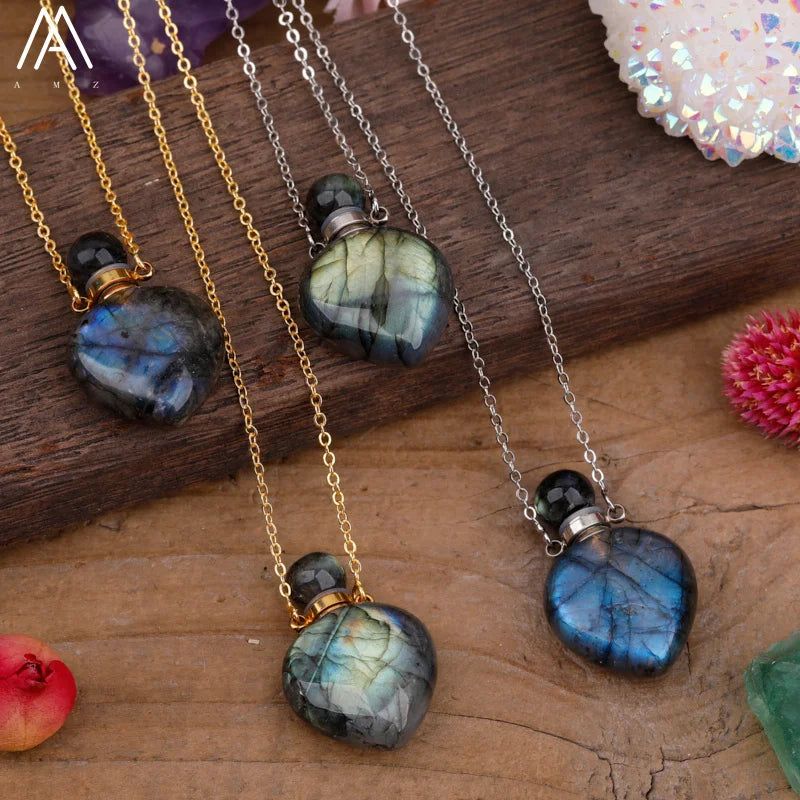 Natural Gemstone Perfume Bottle Pendant Necklace — Crystal Healing Jewelry