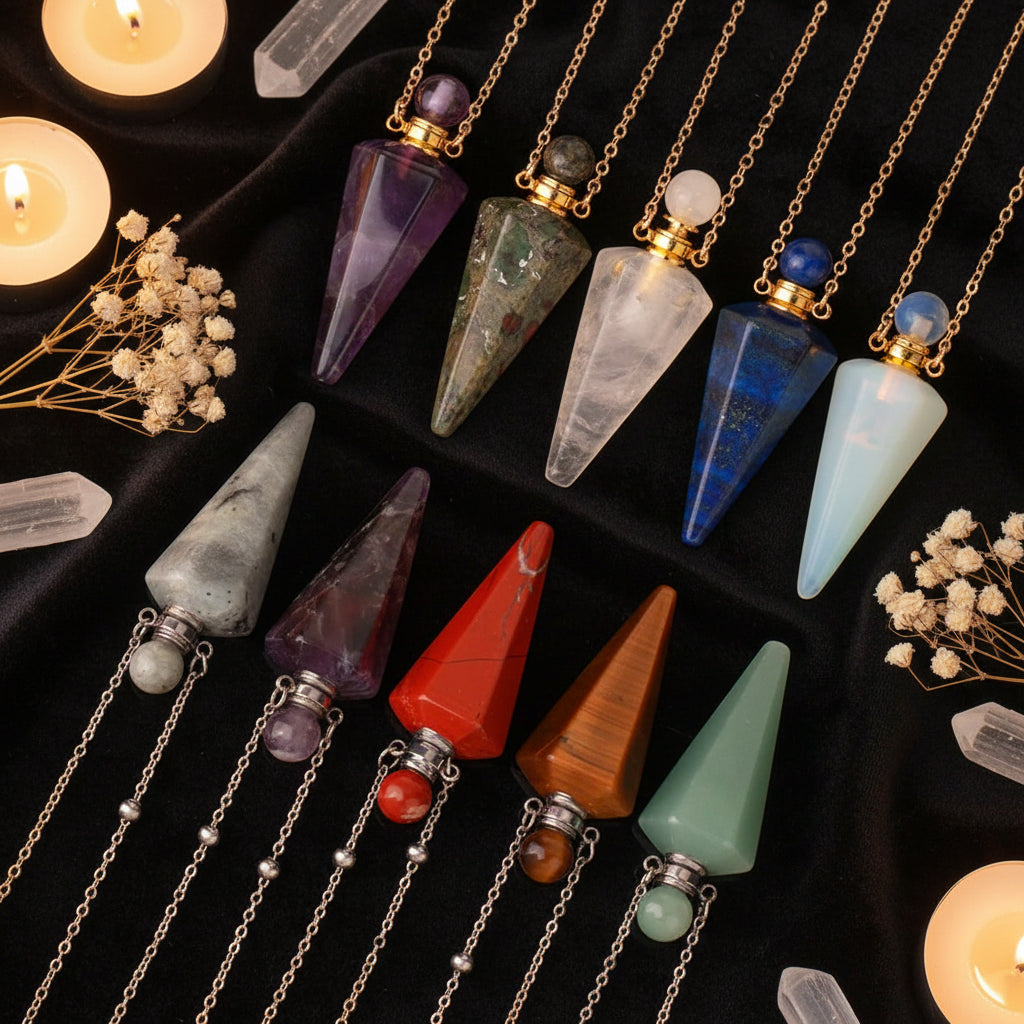 Crystal Essential Oil Diffuser Necklace — Natural Gemstone Healing Pendant