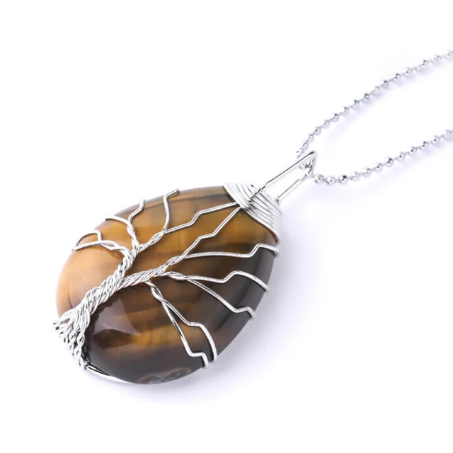 Tree of Life Crystal Necklace — Wire-Wrapped Natural Stone Pendant