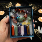 9-Piece Pointed Crystal Chakra Healing Set | Hexagonal Gemstone Wands in Gift Box