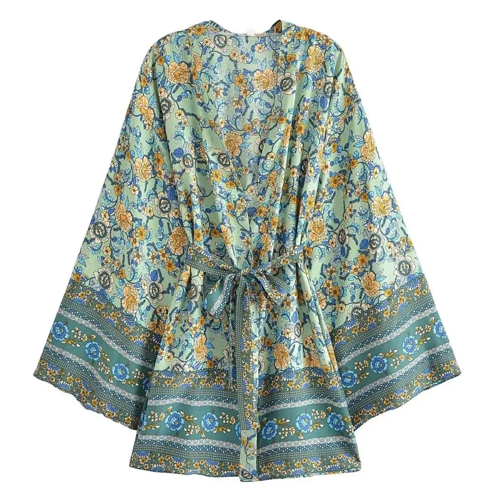Boho Floral Short Kimono with Waist Tie