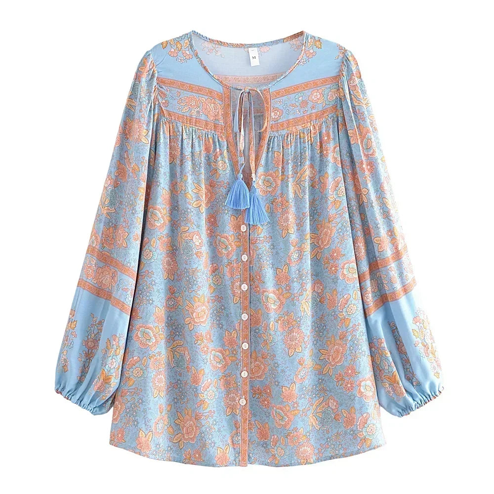 Floral Tassel V-Neck Boho Blouse