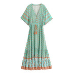 Floral Print Batwing Sleeve Boho Maxi Dress with Tassel