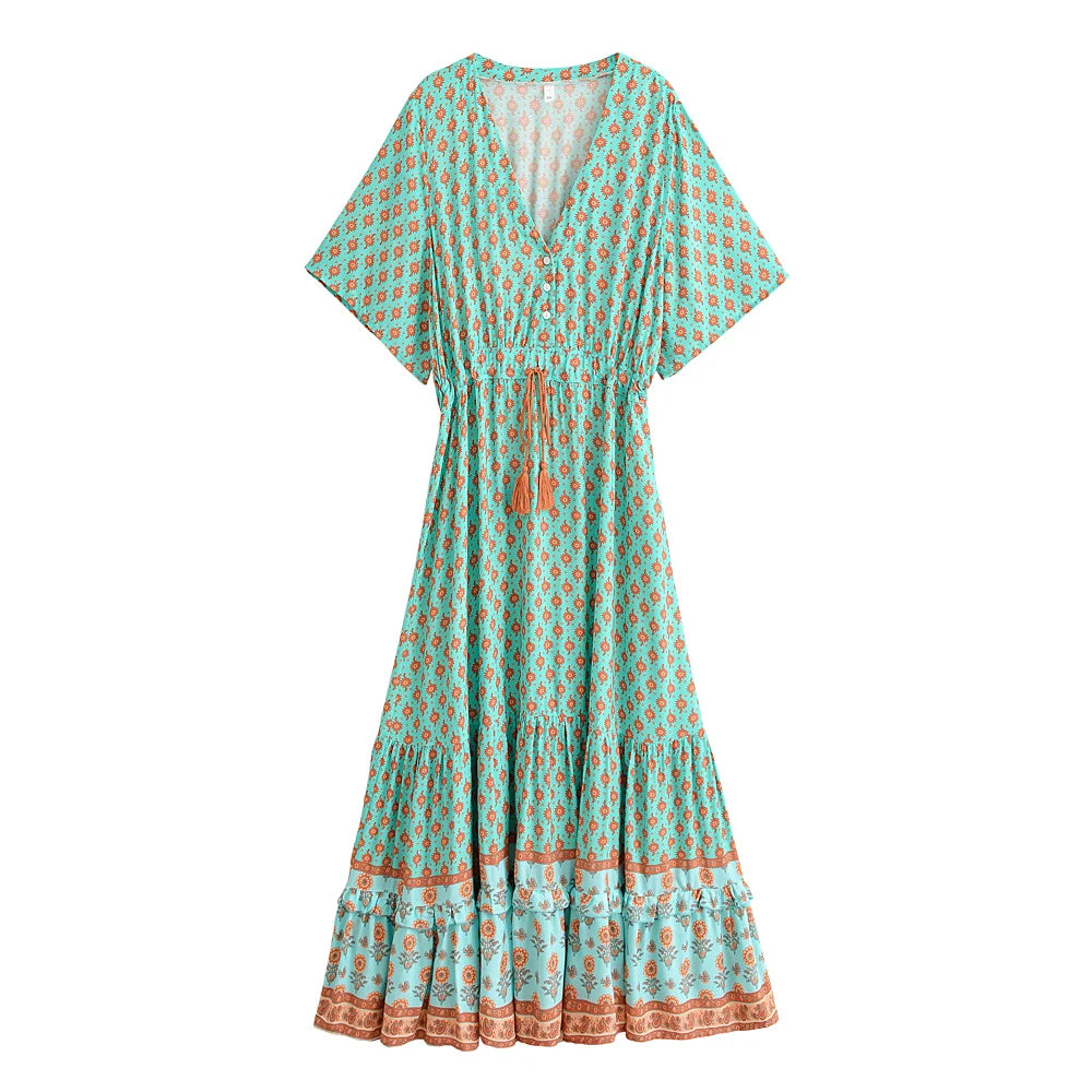 Floral Print Batwing Sleeve Boho Maxi Dress with Tassel