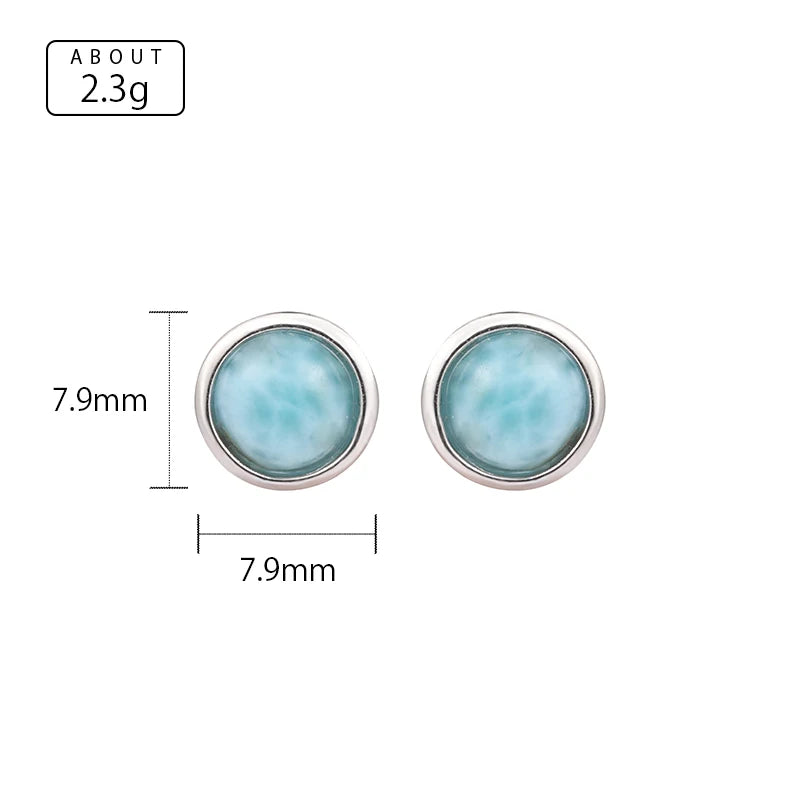 Larimar Round Bezel Stud Earrings, 925 Sterling Silver