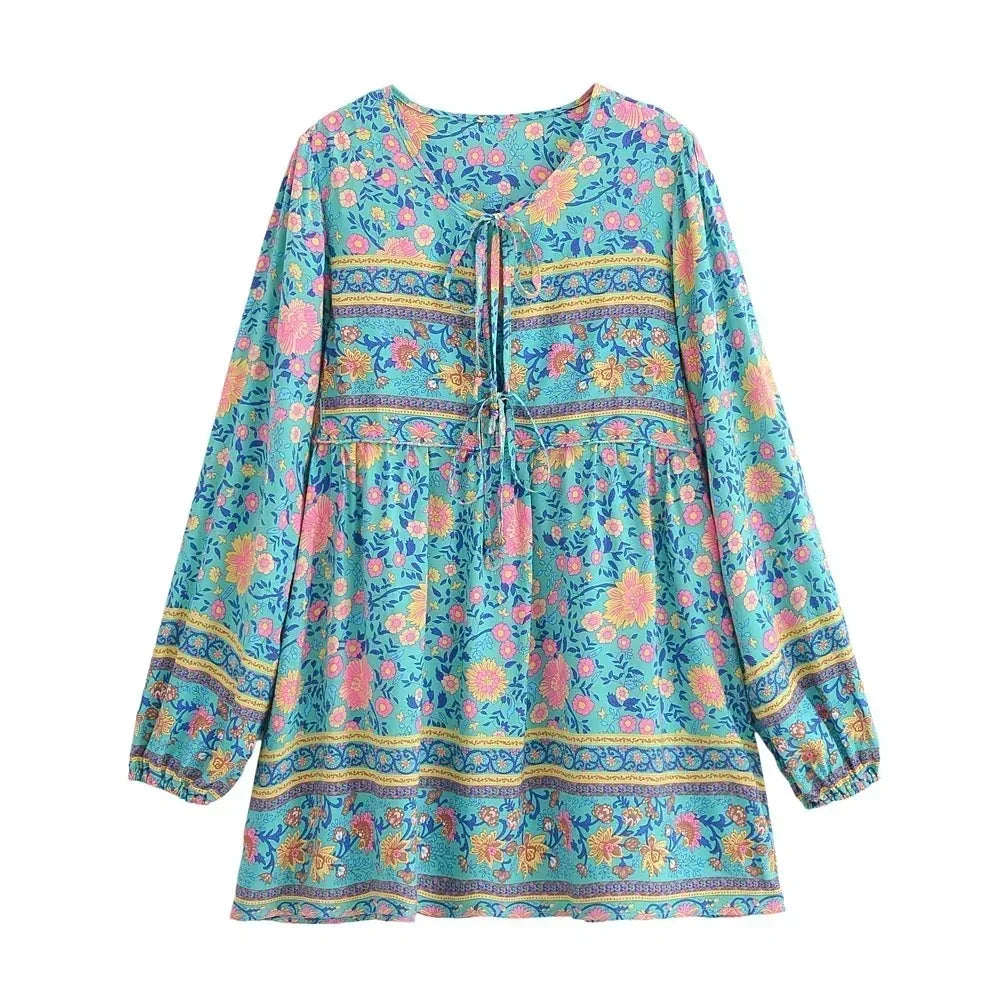 Floral Lantern Sleeve Boho Mini Dress