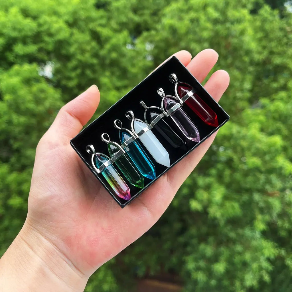7-Piece Hexagonal Crystal Chakra Pendant Set | Pointed Gemstone Wands for Jewelry & Décor