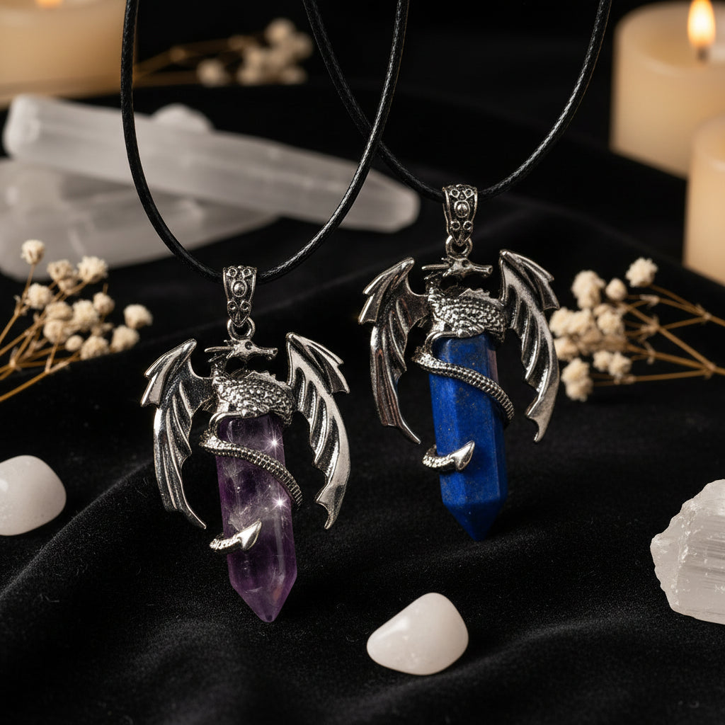 Dragon Crystal Point Pendant Necklace — Natural Gemstone Talisman