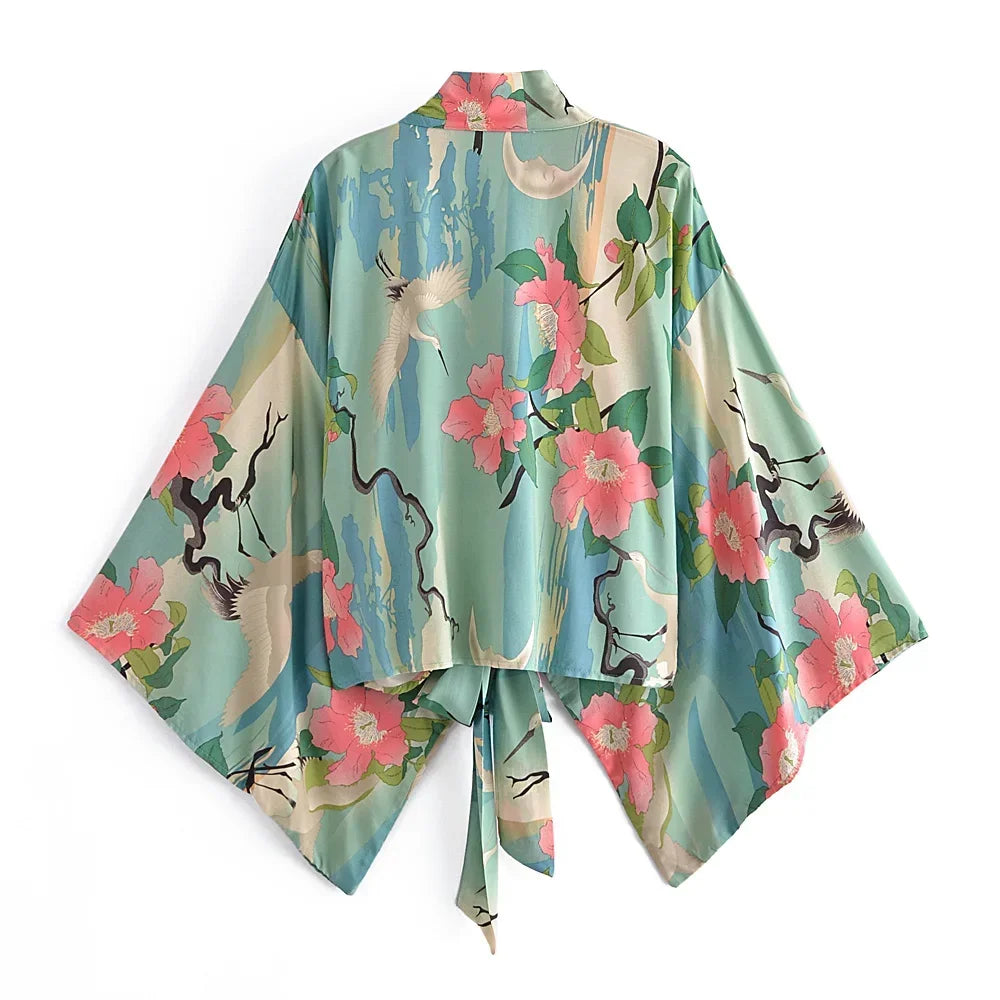 Boho Crane Floral Cropped Kimono