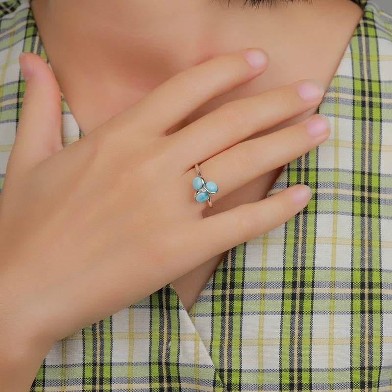 Larimar Three Stone Cluster Ring in 925 Sterling Silver
