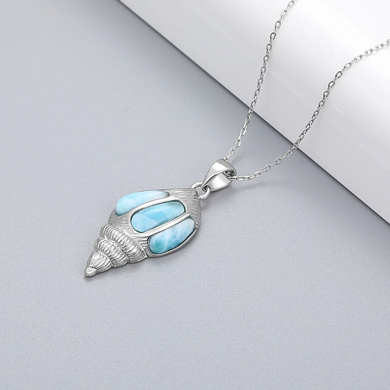 Larimar Spiral Shell Pendant Necklace, 925 Sterling Silver