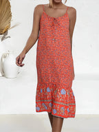 Floral Border Spaghetti Strap Boho Midi Dress