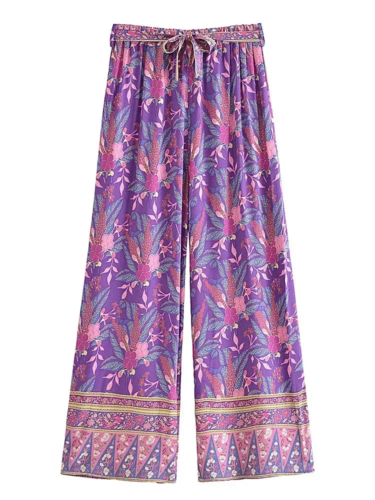 Purple Floral Kimono Boho Set – Wide Leg Pants & Kimono Top