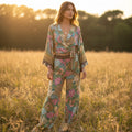 Peacock Floral Kimono & Wide-Leg Pants Set