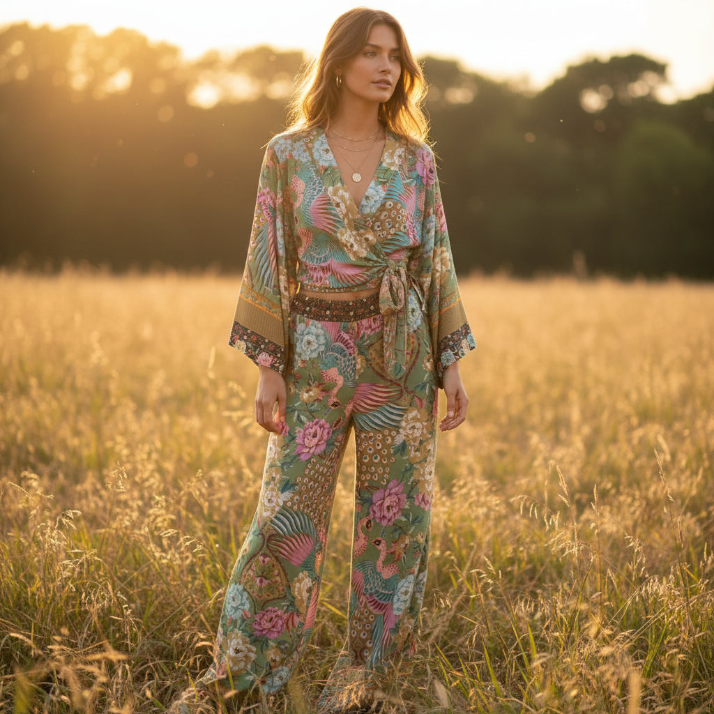 Peacock Floral Kimono & Wide-Leg Pants Set