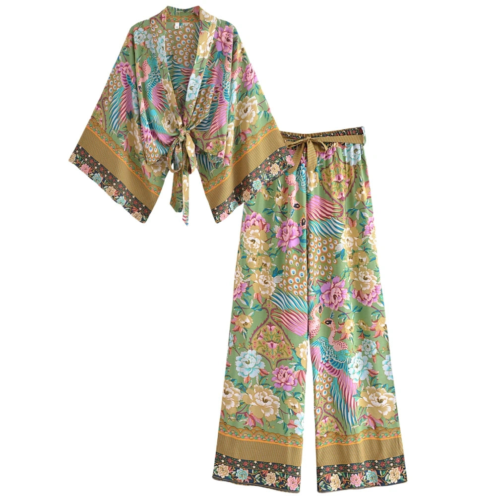 Peacock Floral Kimono & Wide-Leg Pants Set