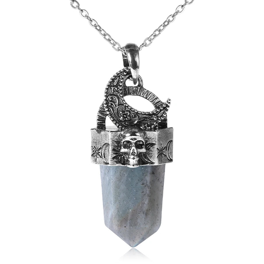 Skull & Crescent Moon Crystal Point Pendant Necklace | Natural Gemstone | Reiki Healing Jewelry