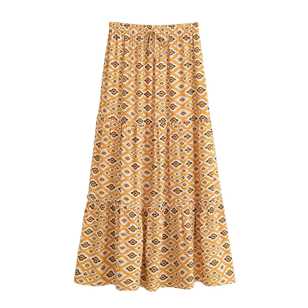 Boho Geometric Floral Maxi Skirt