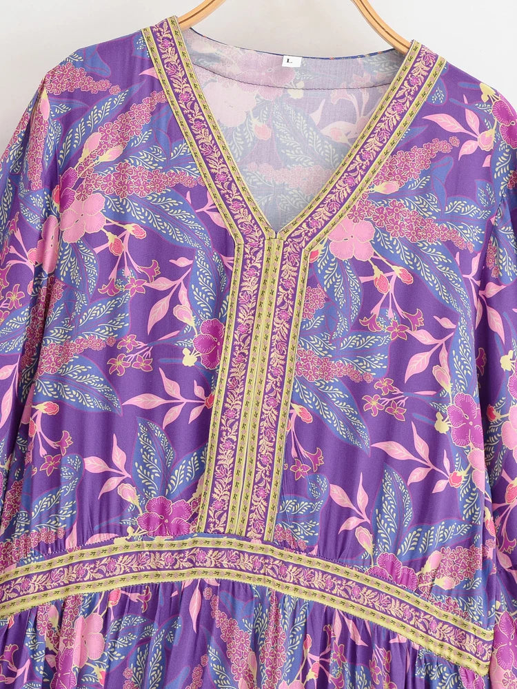 Purple Bohemian Floral V-Neck Maxi Dress