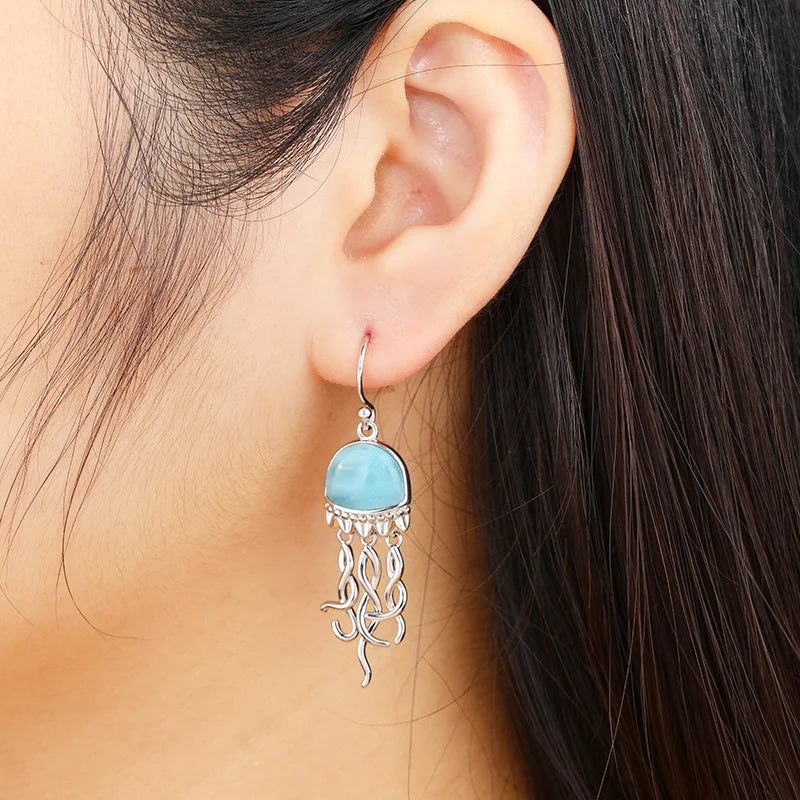 Larimar Jellyfish Drop Earrings, 925 Sterling Silver