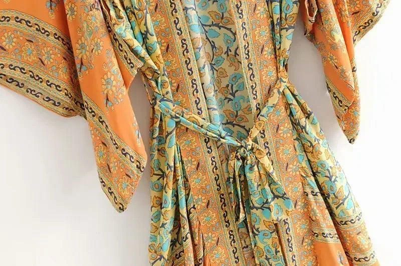 Boho Ethnic Stripe Maxi Kimono Robe with Sash