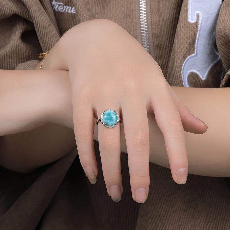 Larimar Round Halo Ring, 925 Sterling Silver