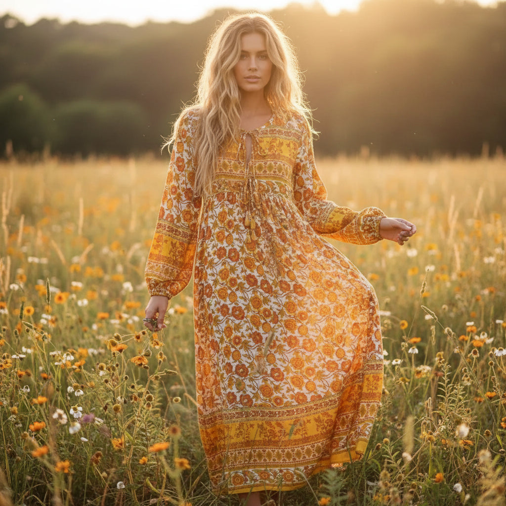 Long Sleeve Floral Print Lace-Up Boho Maxi Dress