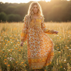 Long Sleeve Floral Print Lace-Up Boho Maxi Dress