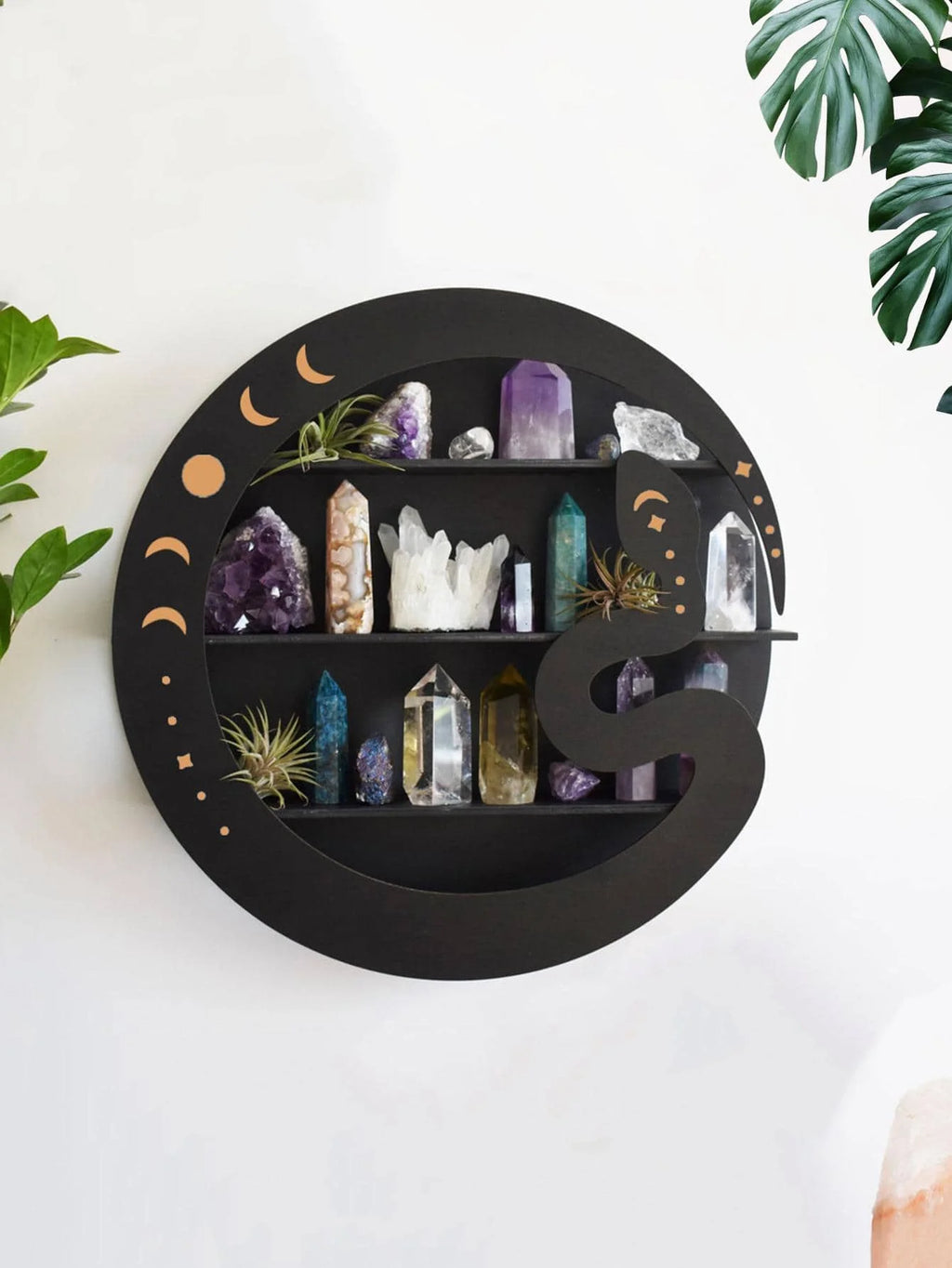 Round Moon Wall Shelf – 3-Tier Black Wooden Crystal Display