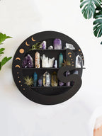 Round Moon Wall Shelf – 3-Tier Black Wooden Crystal Display