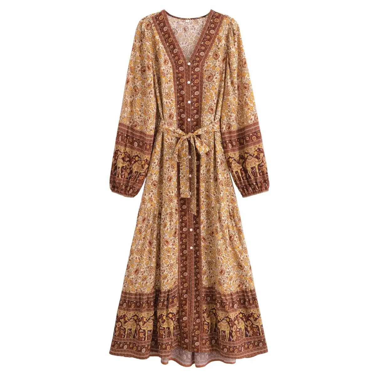 Floral Button-Front Lantern-Sleeve Boho Maxi Dress
