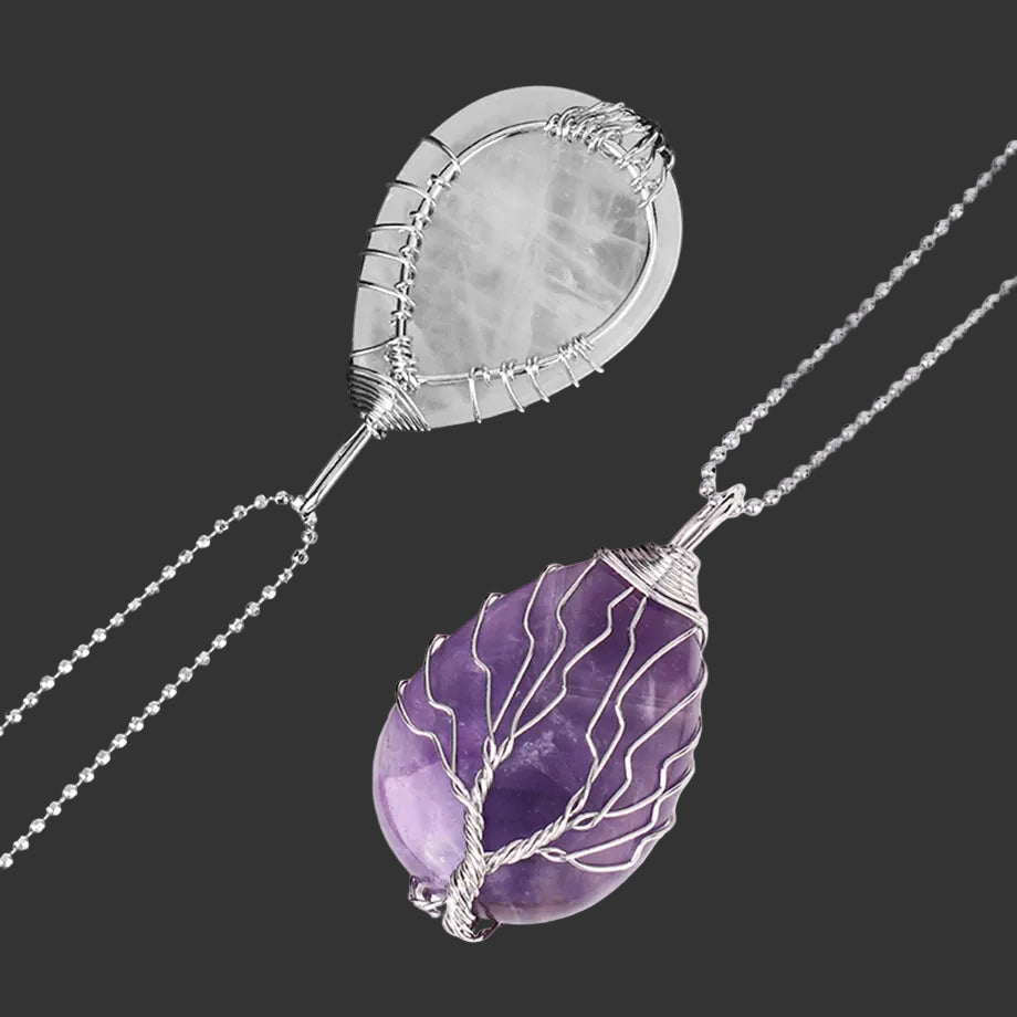 Tree of Life Crystal Necklace — Wire-Wrapped Natural Stone Pendant