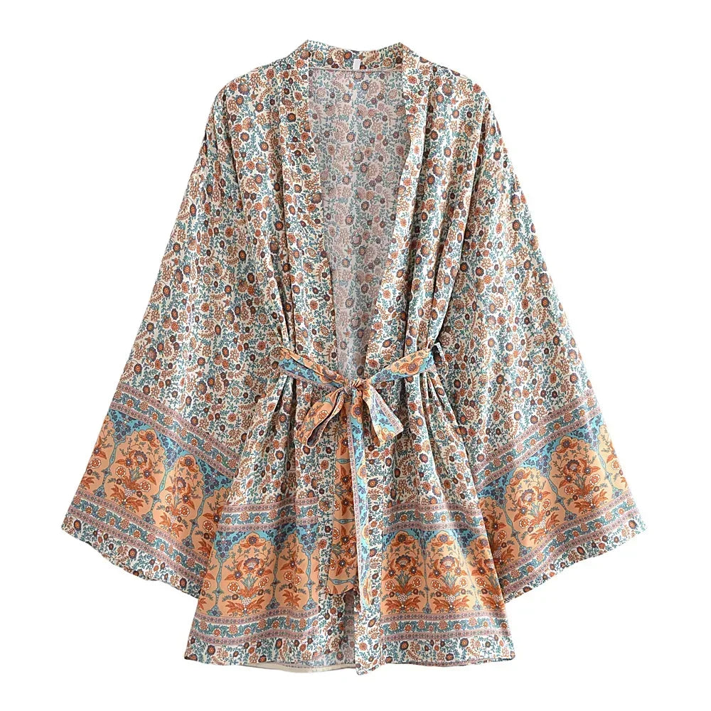Floral Boho Kimono Robe with Batwing Sleeves
