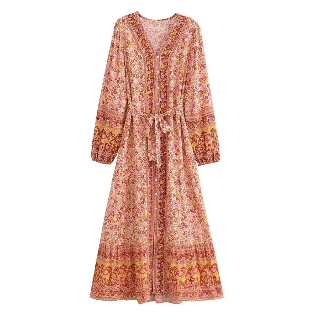 Floral Button-Front Lantern-Sleeve Boho Maxi Dress
