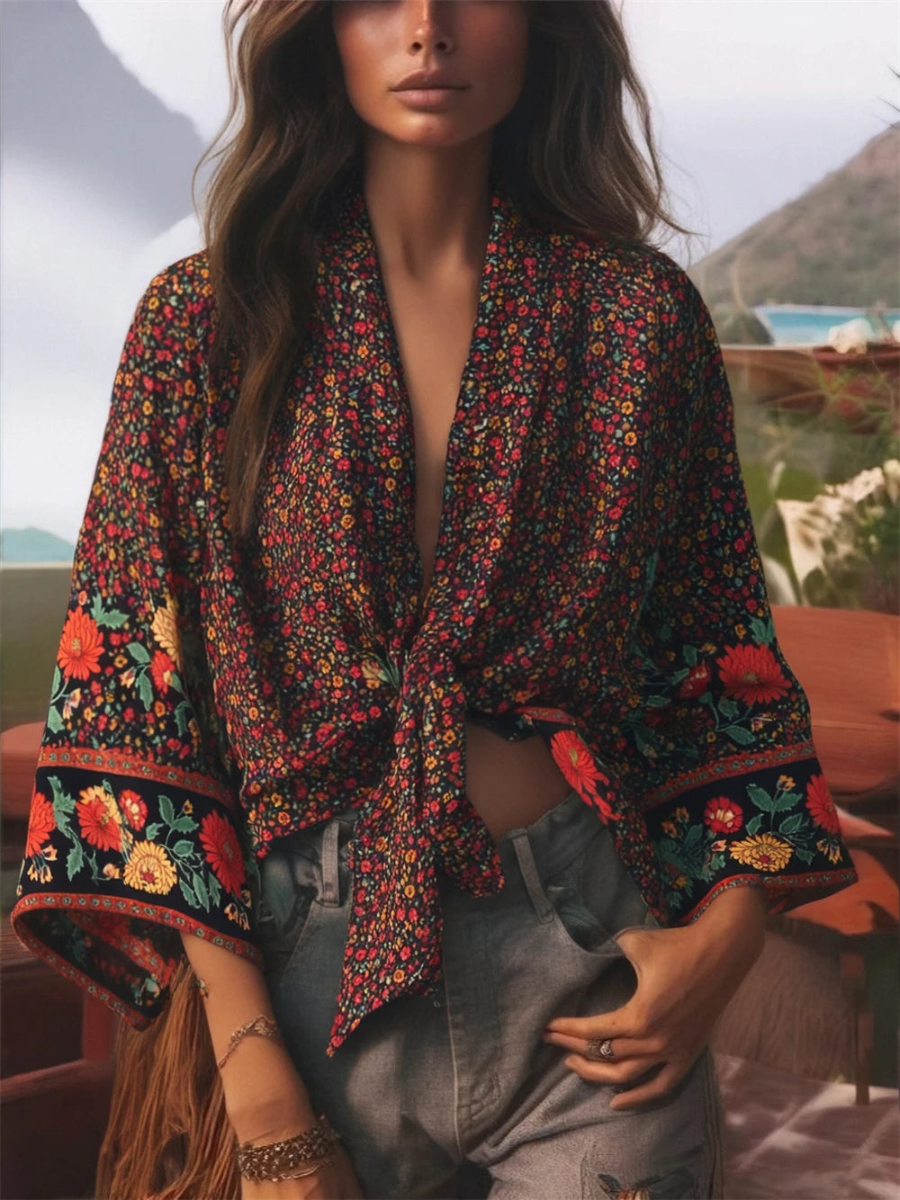 Floral Rayon Boho Kimono Beach Cover-Up
