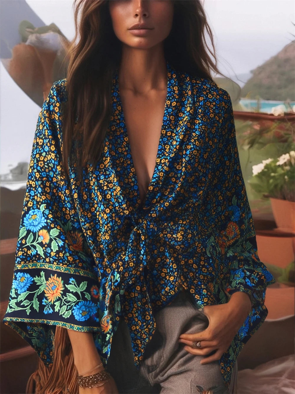 Floral Rayon Boho Kimono Beach Cover-Up