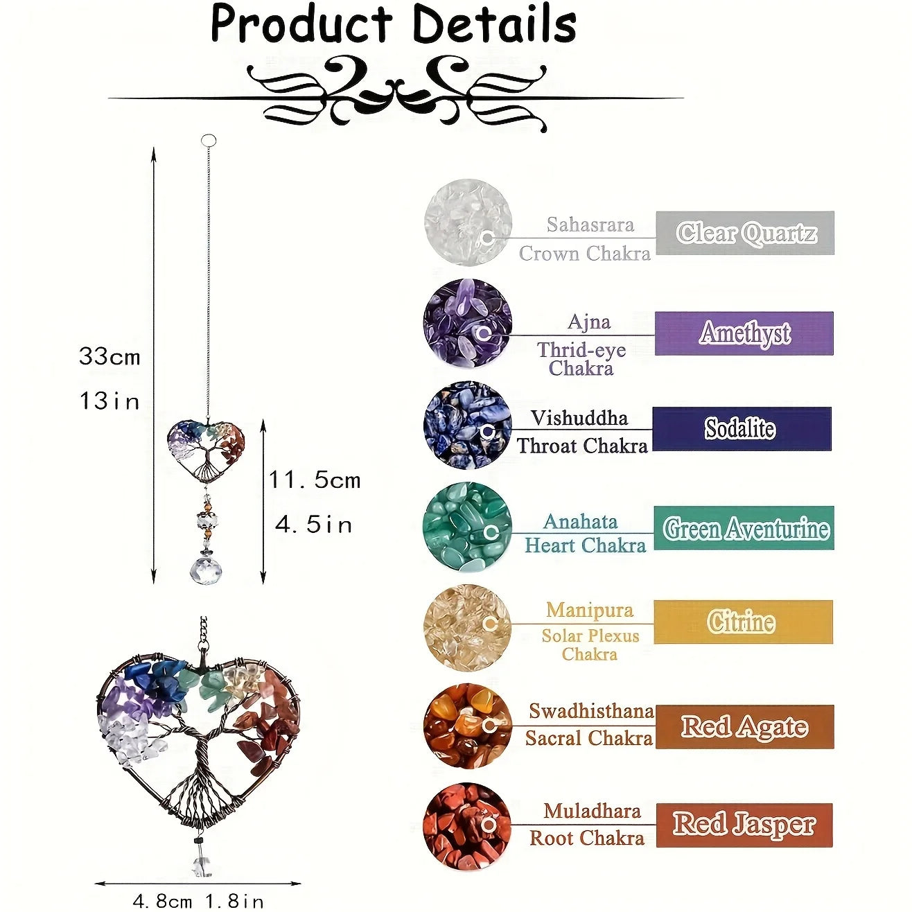 7 Chakra Tree of Life Crystal Heart Suncatcher with Rainbow Prism Ball