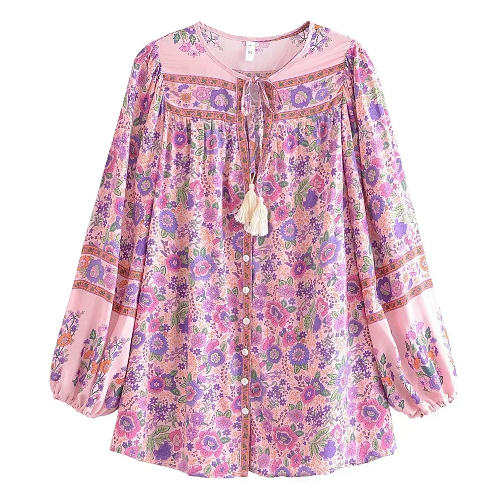 Floral Tassel V-Neck Boho Blouse