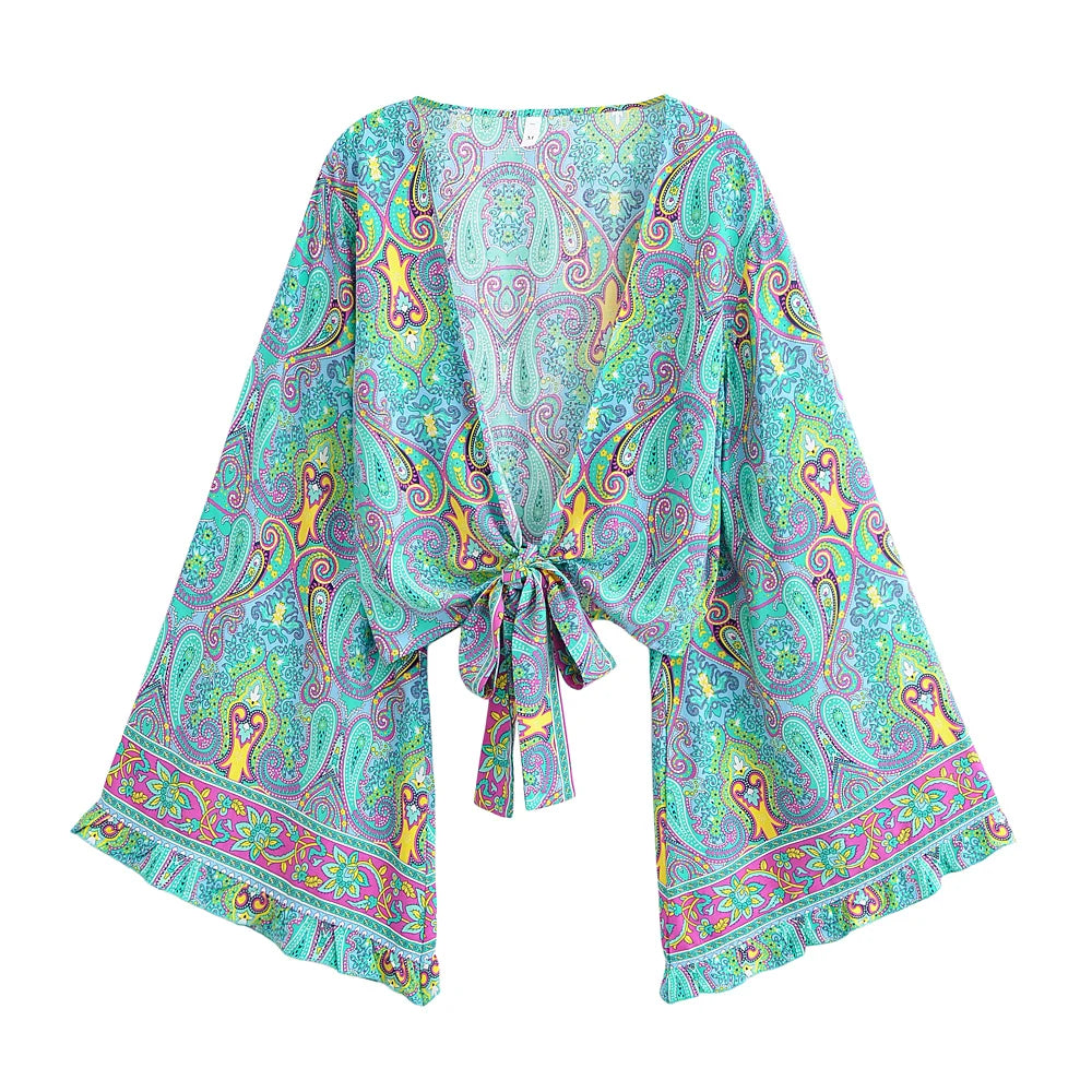Floral Flare-Sleeve Boho Kimono Cardigan