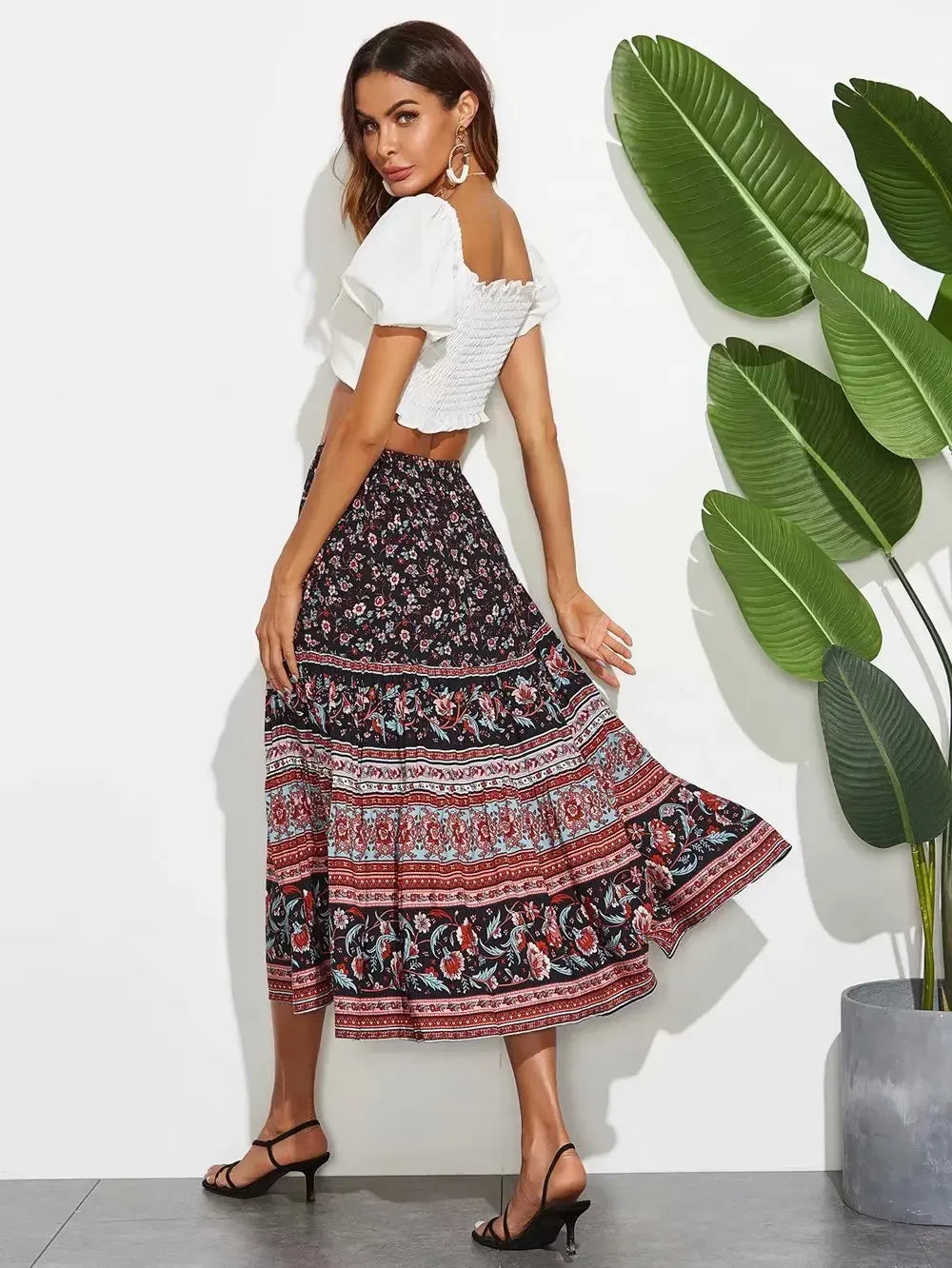 Dark Floral Tiered Boho Maxi Skirt