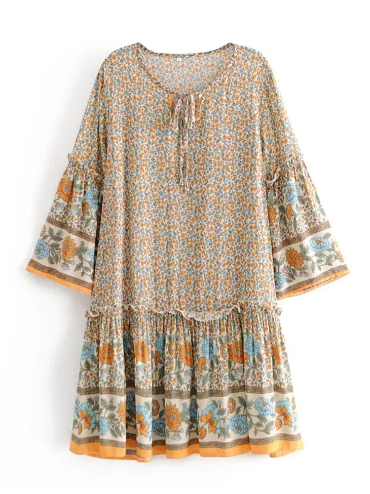 Wild Floral Tie-Neck Ruffle Boho Mini Dress