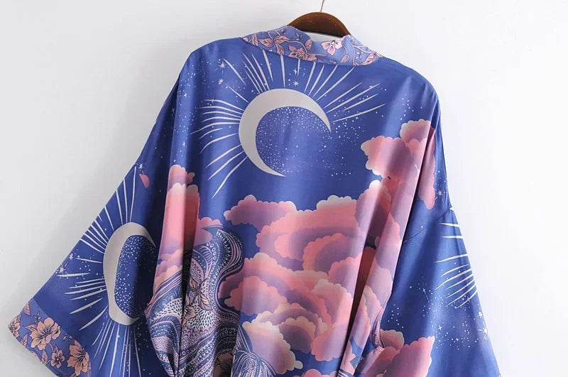 Star & Moon Floral Batwing Kimono Robe