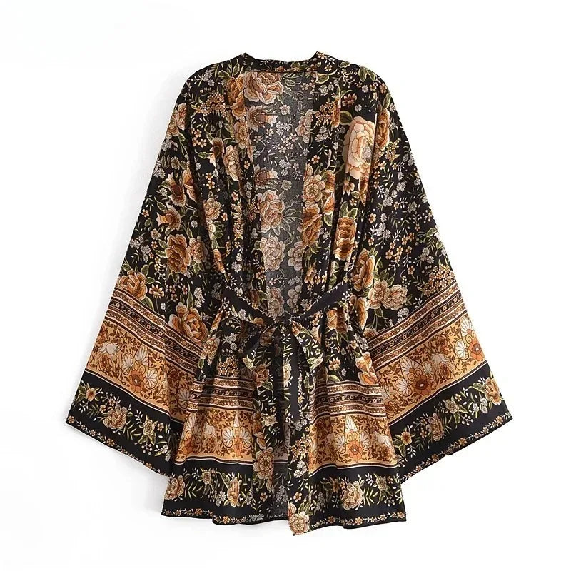 Boho Floral Bat-Sleeve Kimono Dress