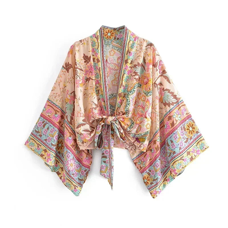 Floral Print Short Kimono with Batwing Sleeves