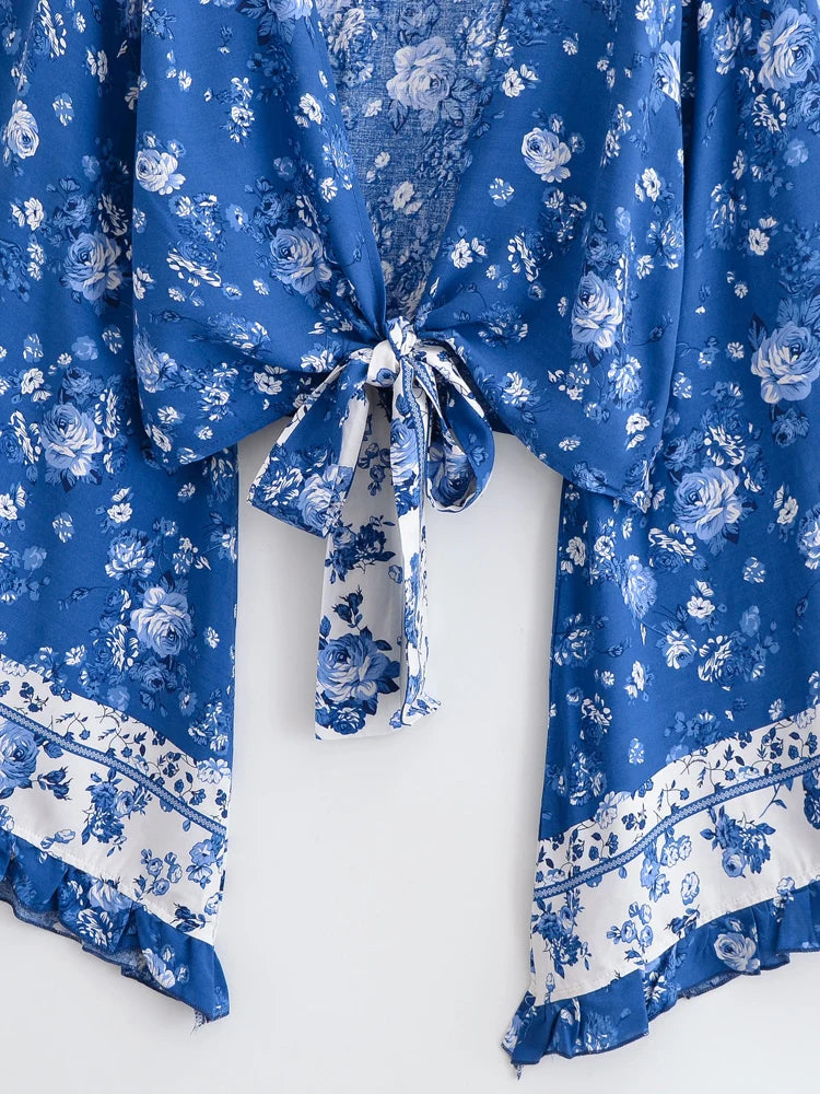 Floral Rayon Ruffle-Sleeve Boho Kimono