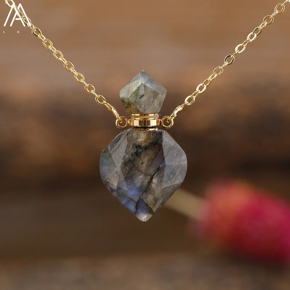 Natural Gemstone Perfume Bottle Pendant Necklace — Crystal Healing Jewelry