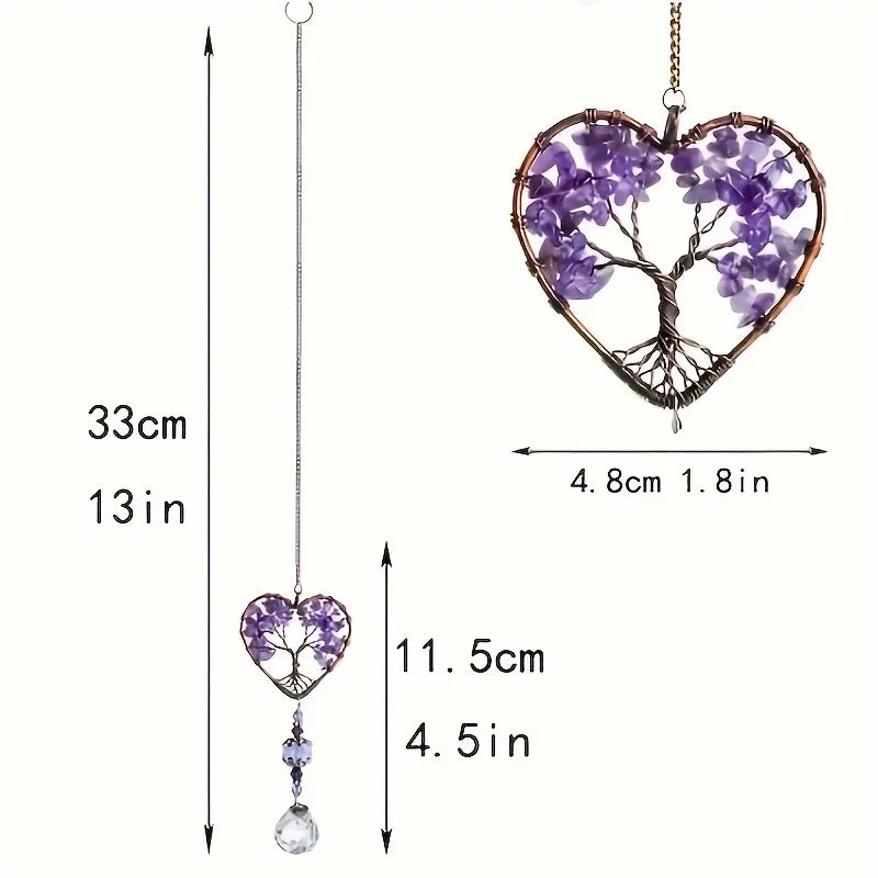 7 Chakra Tree of Life Crystal Heart Suncatcher with Rainbow Prism Ball