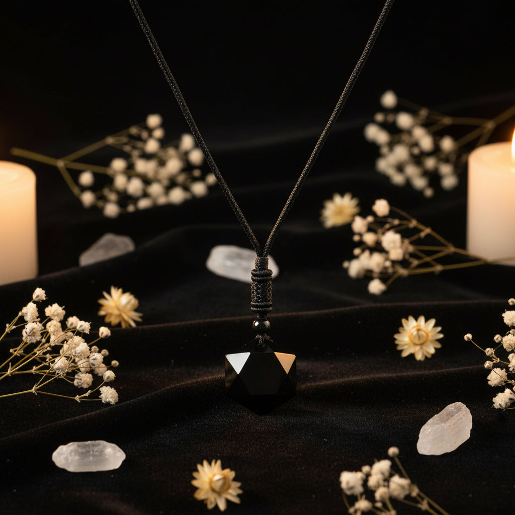 Black Obsidian Hexagram Pendant Necklace — Sacred Geometry Protection Amulet