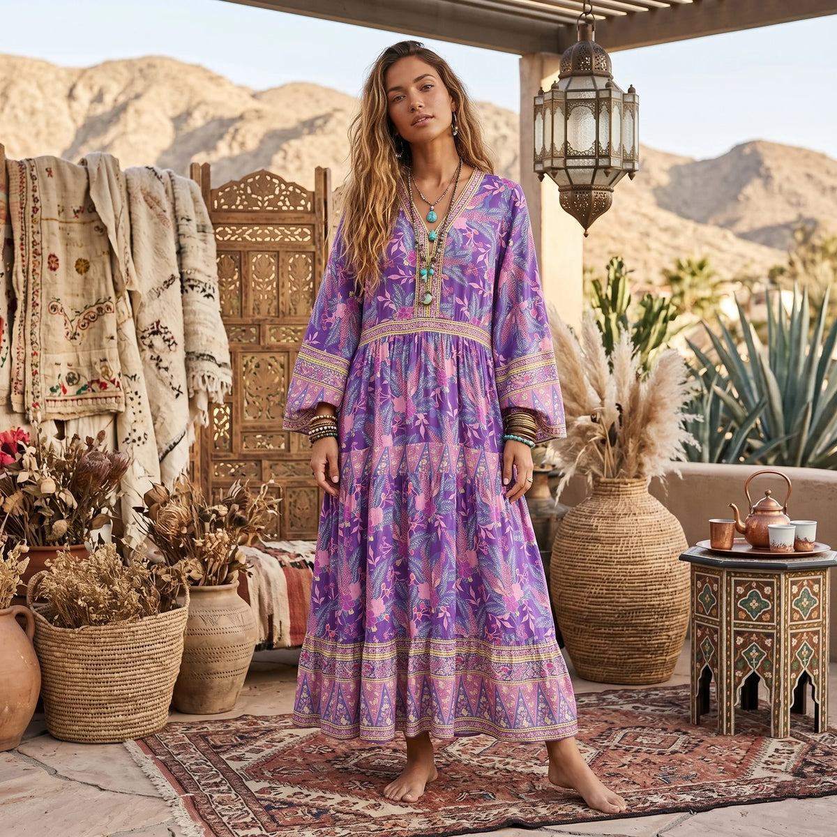 Purple Bohemian Floral V-Neck Maxi Dress
